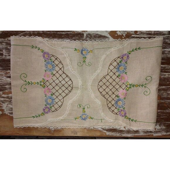5/$25 13.5X44" Vintage Embroidered Linen Table Runner Dresser Scarf Flowers - Picture 2 of 8